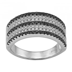 Sterling Silver Womens Ring with Clear and Black Cubic Zirconia