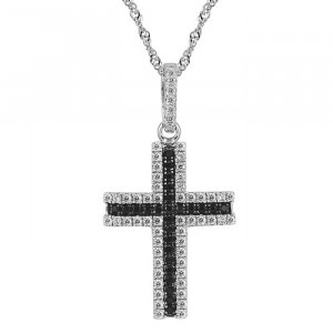 Sterling Silver Cross, Clear and Black Cubic Zirconia Pendant