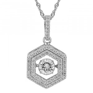 Sterling Silver Hexagon Dancing Simulated Cubic Zirconia Pendant