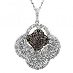  Sterling Silver Flower Pendant, White and Brown CZ with Necklace