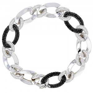 Sterling Silver Link Bracelet, White and Black Cubic Zirconia, Rhodium Plated
