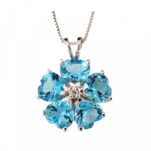 Camelia Flower Shape Blue Topaz and Diamond Pendant