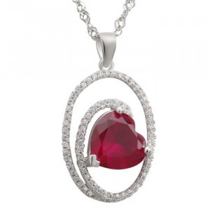 Sterling Silver Clear and Heart Shape Red Cubic Zirconia Pendant Necklace