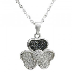 Sterling Silver White and Black Cubic Zirconia Clover Pendant Necklace