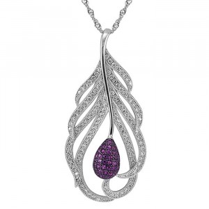 Sterling Silver Leaf Pendant, Clear and Purple CZ with Necklace