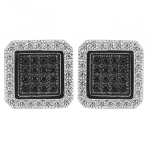 Square Shaped Sterling Silver Earring with Black & Clear CZ