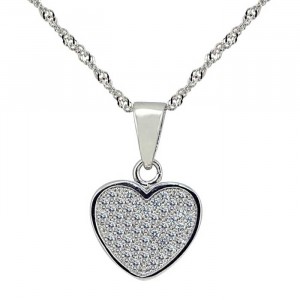 Sterling Silver Heart Pendant, White CZ Necklace