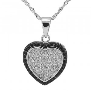 Sterling Silver Heart Pendant, Black and Clear CZ with Necklace