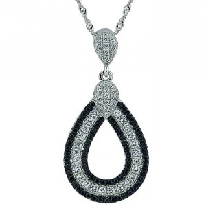 Sterling Silver Pear Pendant, Black and White CZ with Necklace
