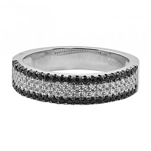 Sterling Silver Ring with Clear and Black Cubic Zirconia, Rhodium Plated