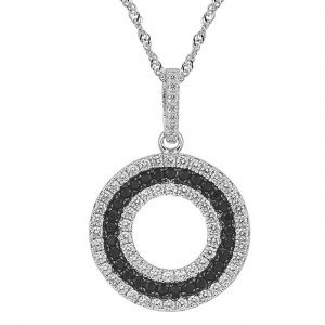 Sterling Silver Round Pendant, Black and Clear CZ with Necklace