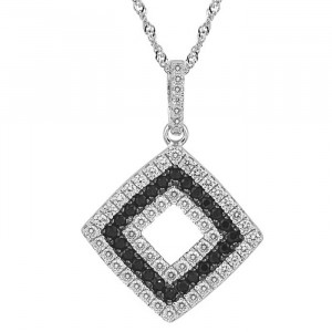 Sterling Silver Diamond Shape Pendant, Clear and Black CZ with Necklace