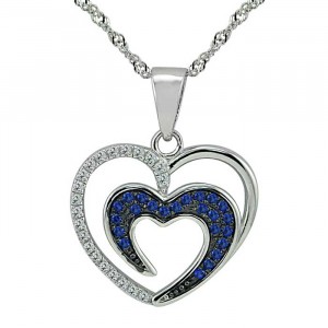 Sterling Silver Heart Pendant, Clear and Dark Blue CZ 