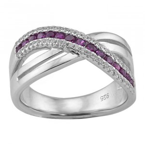 Sterling Silver Jewelry Ring with Clear and Purple Cubic Zirconia, Rhodium Plated