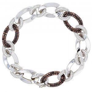 Sterling Silver Link Bracelet, White and Brown Cubic Zirconia, Rhodium Plated