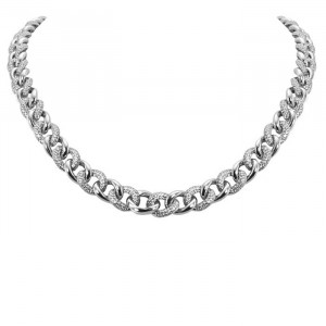 Sterling Silver, Designer Style Link Necklace with Clear Cubic Zirconia