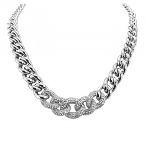 Sterling Silver, Designer Style Link Necklace with Cubic Zirconia