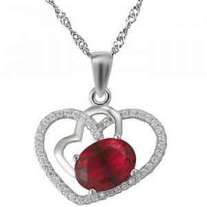 Sterling Silver CZ and Red Rhinestone Micro Pave Heart Pendant