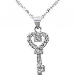 Sterling Silver Clear Cubic Zirconia Key Pendant Necklace