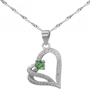 Sterling Silver Clear and Green Cubic Zirconia Heart Pendant Necklace