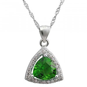 Sterling Silver White and Green Cubic Zirconia Triangle Pendant Necklace