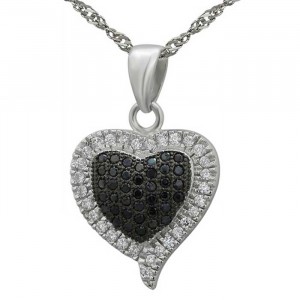 Sterling Silver White and Black Cubic Zirconia Heart Pendant Necklace
